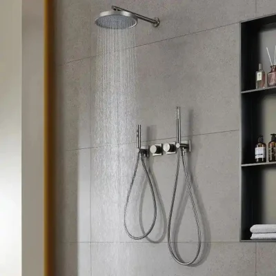 Modern 3 Functions Gun Gray Wall Mounted Brass Concealed Dual Handle Bathroom Bath Rain Shower Mixer Tap Set with Bidet Sprayer