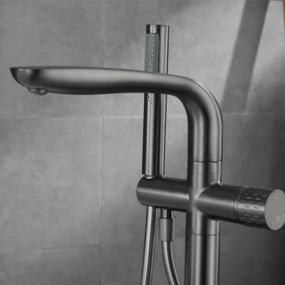 Azeta Lavatory Metal Gun Floor Mount Tub Standing Bath Mixer Tap with Hand Shower Brass Bathroom Single Handle Free Standing Antique Grey Bathtub Faucet