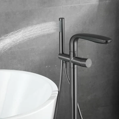 Azeta Lavatory Metal Gun Floor Mount Tub Standing Bath Mixer Tap with Hand Shower Brass Bathroom Single Handle Free Standing Antique Grey Bathtub Faucet