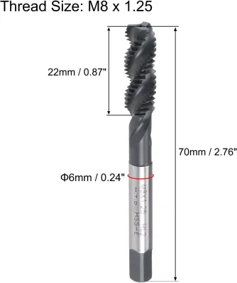 M8 X 1.25 Spiral Flute Thread Tap Metric Machine Threading Tap HSS Nitriding Coated Round Shank with Square End