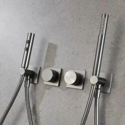 Modern 3 Functions Gun Gray Wall Mounted Brass Concealed Dual Handle Bathroom Bath Rain Shower Mixer Tap Set with Bidet Sprayer