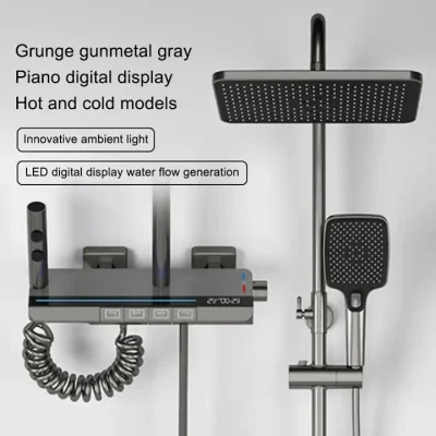 Piano Key Gun Gray Bathroom Digital Display Faucet Shower System Bathtub Hot and Cold 4 Functions Tap Thermostatic Shower Set