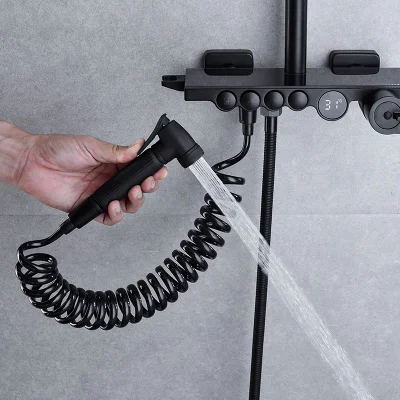 Rainfall Bathtub Tap Shelf Adjust PVD Gun Grey Black Brass Shower Faucet Set