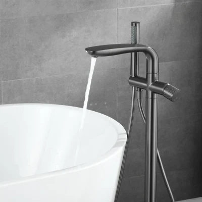 Azeta Lavatory Metal Gun Floor Mount Tub Standing Bath Mixer Tap with Hand Shower Brass Bathroom Single Handle Free Standing Antique Grey Bathtub Faucet