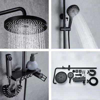 Rainfall Bathtub Tap Shelf Adjust PVD Gun Grey Black Brass Shower Faucet Set
