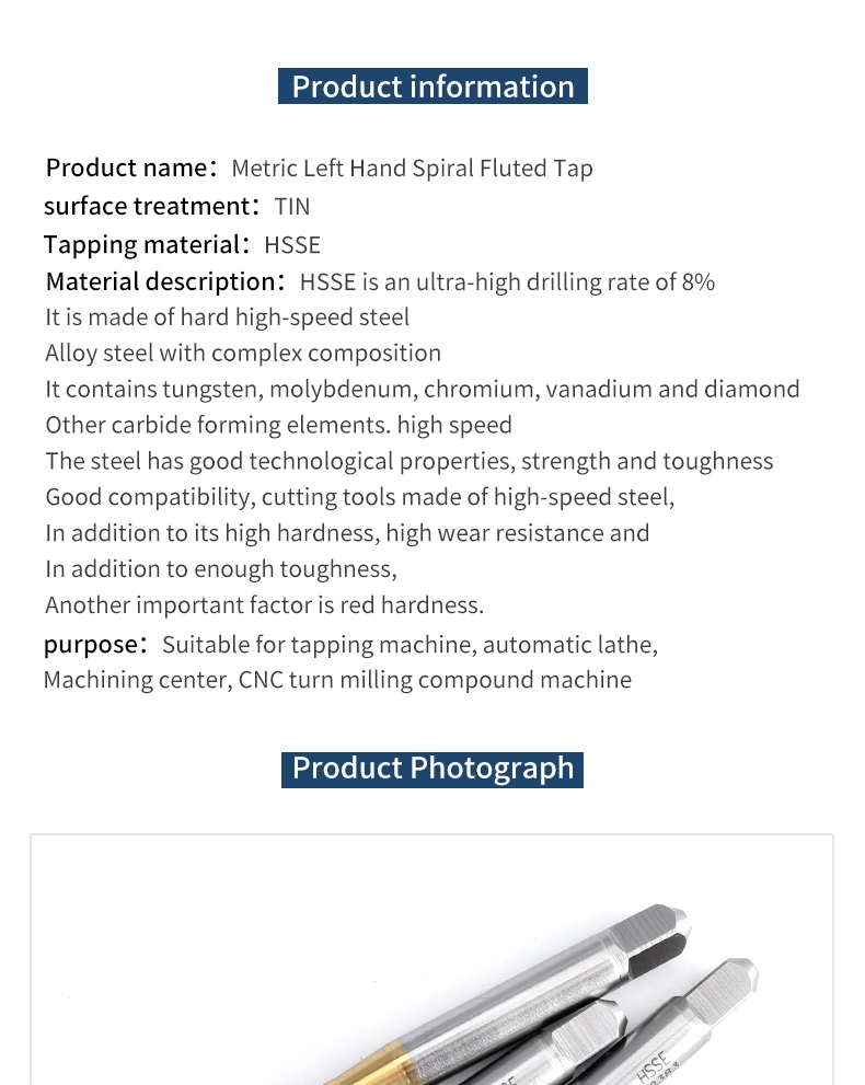 Hsse-M35 JIS with Tin Left Hand Spiral Fluted Taps M2 M2.3 M2.5 M2.6 M3 M4 M5 M6 M7 M8 M9 M10 M12 M14 M16 Machine Thread Screw Tap