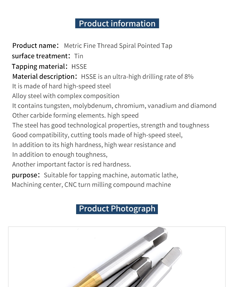 Hsse-M35 JIS with Tin Spiral Pointed Taps M1.4 M1.6 M1.7 M1.8 M2 M2.2 M2.5 M2.6 M3 M4 M4.5 M5 M5.5 M6 M7 M8 M9 M10 Machine Fine Thread Screw Tap