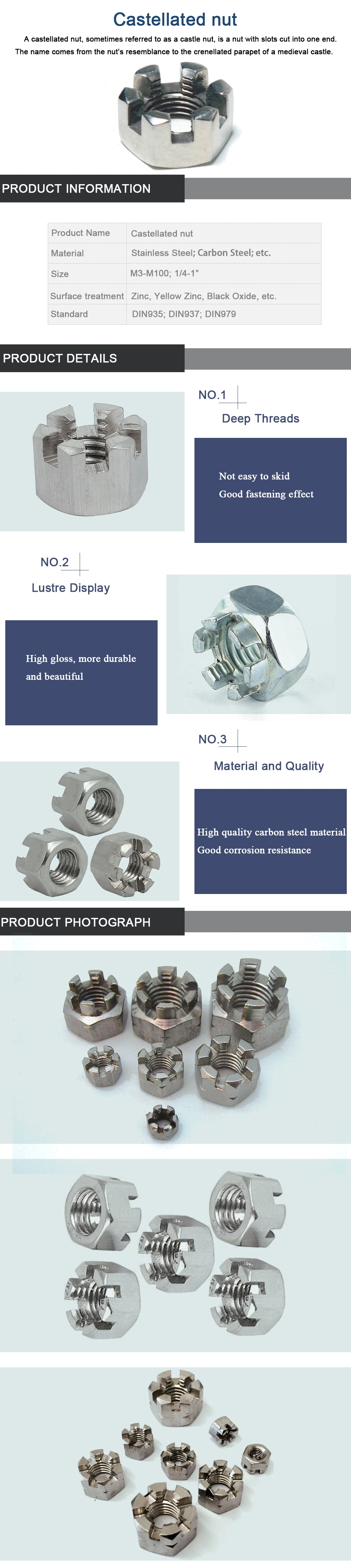 China Manufacturer DIN935 DIN979 DIN937 Custome-Made Hexagon Slotted and Castle Nuts Hex Nut