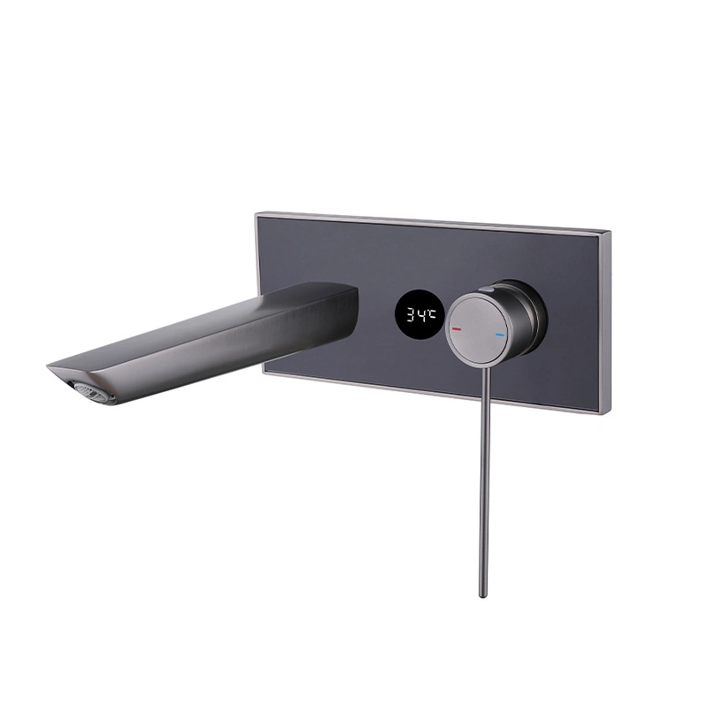 Hot and Cold Mixer Basin Faucet Wall Mounted Basin Taps Digital Display Show Gun Gray Brass Material