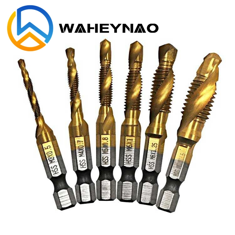 Waheynao 6PCS HSS4341 Hex Shank Spiral Screw Thread Taps Drill Bits Set Hex Tap Drill Bits Metric/Imperial Spiral Fluted Machine Screw