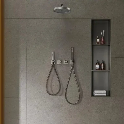 Moderno 3 funciones Gun Gris montado en pared latón oculto doble Baño con mango Ducha lluvia Mezclador grifo con Bidé Pulverizador