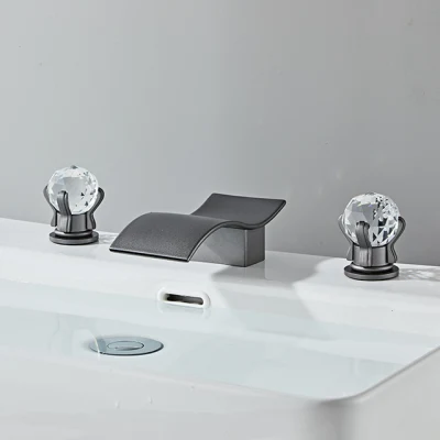 Pistola de arco alto gris pico cascada Grifo lavabo del baño 3 orificios 2 perillas de cristal de la vanidad del grifo mezclador de Cuenca