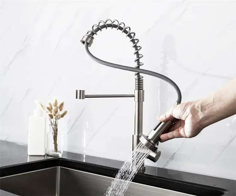 304 Stainless Steel Modern Spiral Spring Single Handle Single Hole Deck Mount Stain Pull out Anti Splash Kitchen Sink Faucets