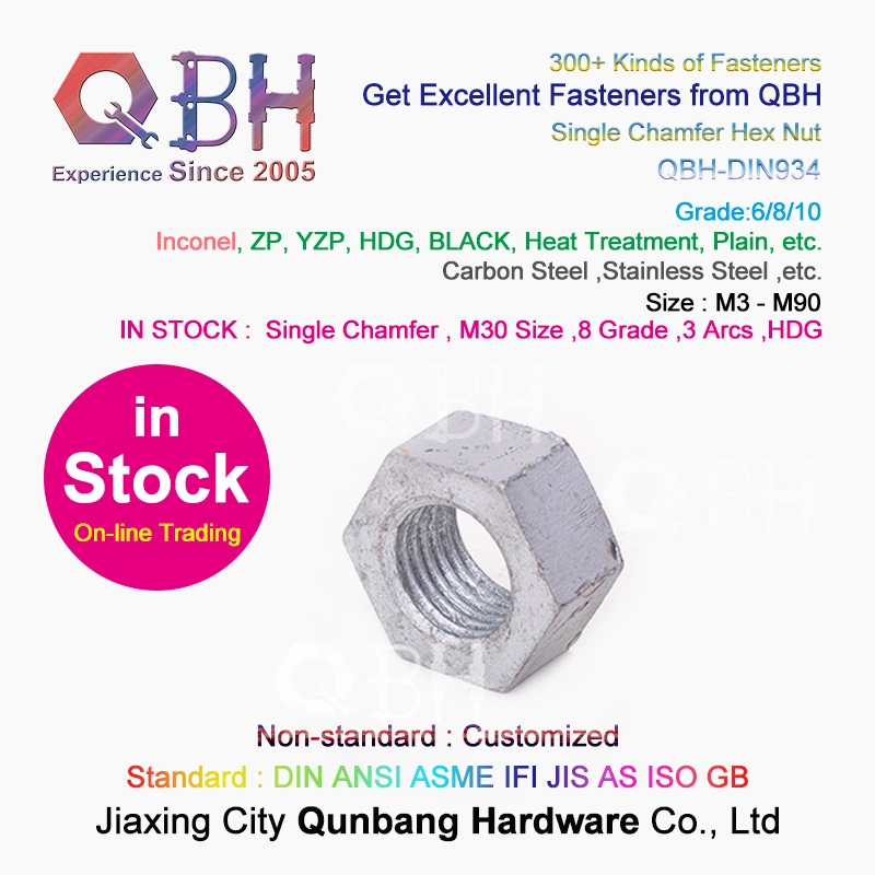 15% off in Stock Qbh DIN934 M30 Size HDG 8 Grade 3 Arcs Marking Single Chamfer Carbon Steel Spare Parts Sexangular Hex Nut