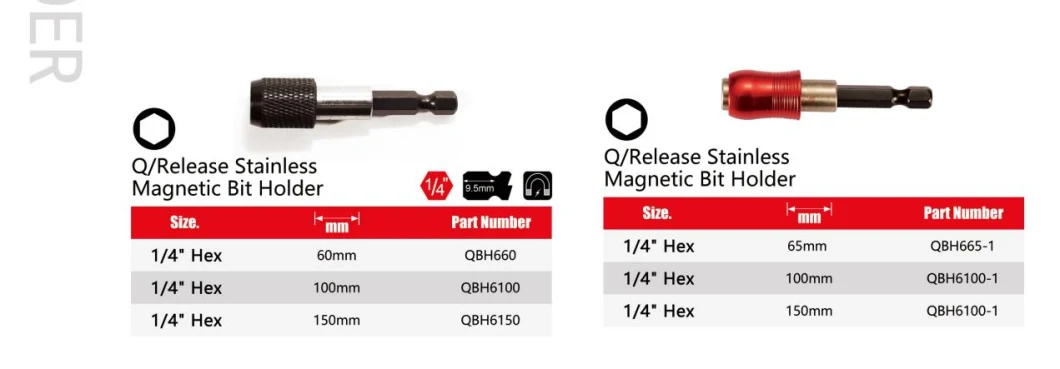 High Quality 1/4 Magnetic 60mm Q/Release Stainless Bits Holder for Driving Hex Nuts and Screws