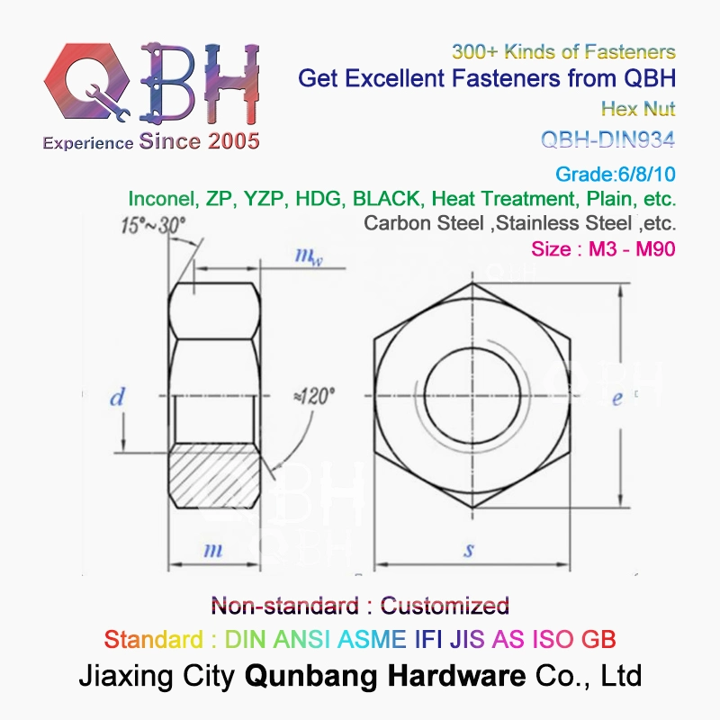 15% off in Stock Qbh DIN934 M30 Size HDG 8 Grade 3 Arcs Marking Single Chamfer Carbon Steel Spare Parts Sexangular Hex Nut