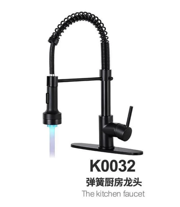Matt Black Brass Deck Mounted Spiral Spring Pull out Single Handle Single Hole Hot and Cold Water Kitchen Sink Faucets