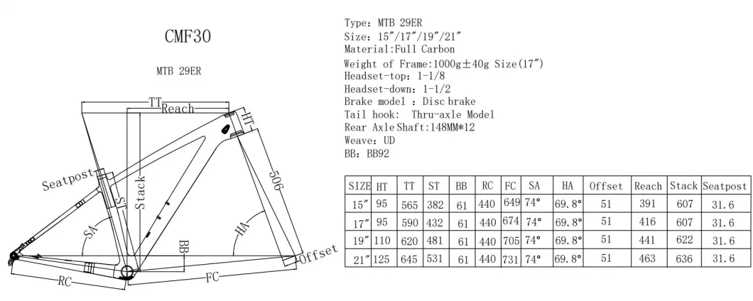 All Carbon Fiber Climbing Inner Running Male and Female Mountain Bike Frame with 15 &quot;17&quot; 19 &quot;21&quot; Cylinder Axle Disc Brake Version