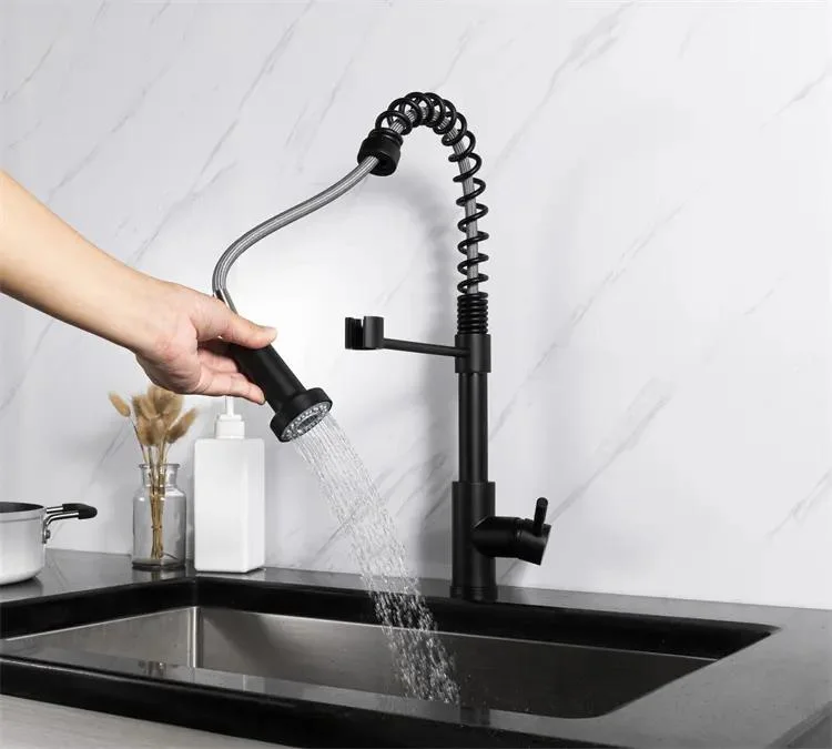 Matt Black Brass Deck Mounted Spiral Spring Pull out Single Handle Single Hole Hot and Cold Water Kitchen Sink Faucets