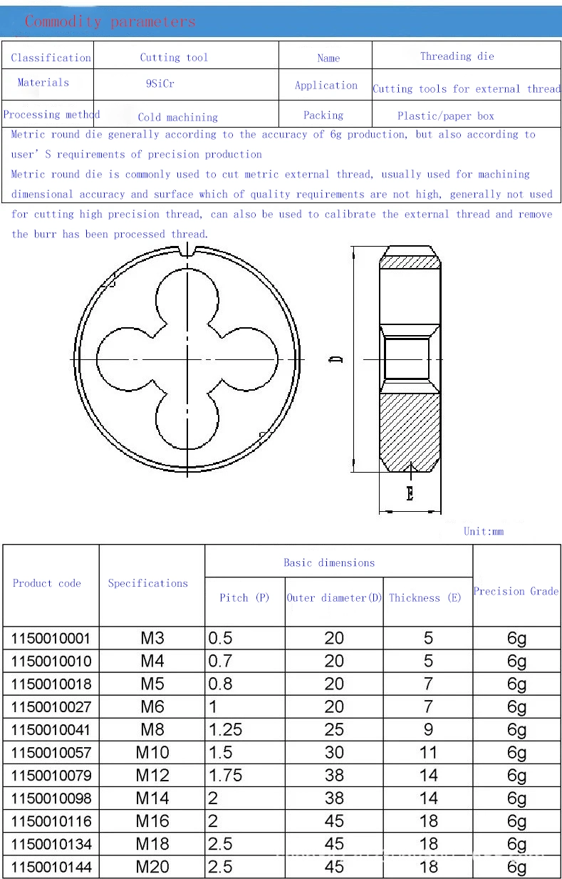 M14*1.5 Wear Resistant Carbon Steel Threading Die