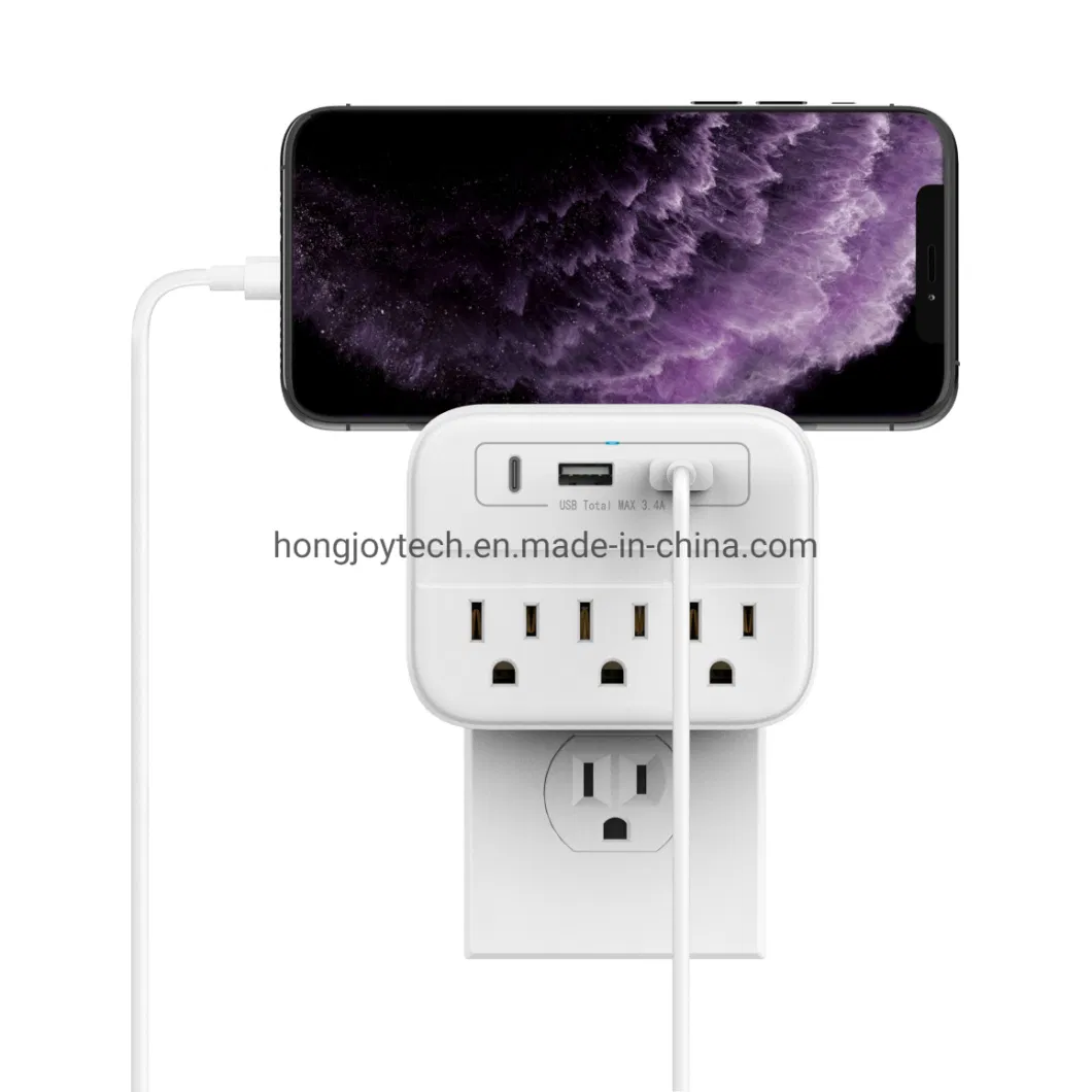 Amazon Hot Selling Electrical Switch Socket, Plug in Wall Tap Outlet Extender with CE RoHS FCC UL Testing Reports &amp; 5V 3.4A Tripple USB Ports and Phone Holder