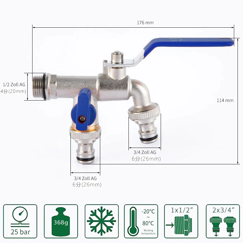 Brass Ball Valve Large Flow Faucet Used for Garden Hoses/Outdoor Antifreeze Tap/Washing Machines/Double Outlet Tap