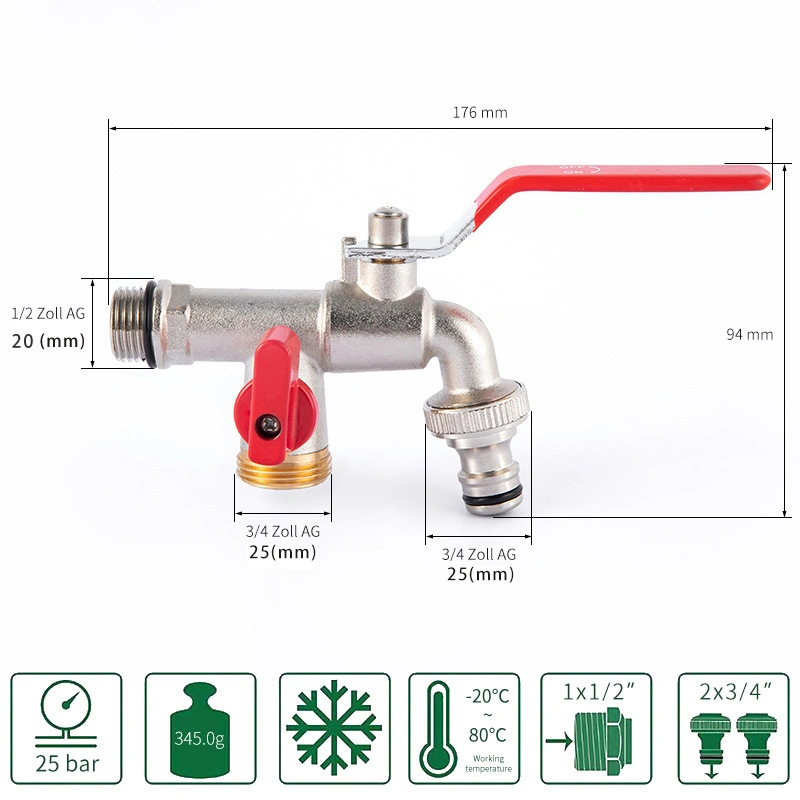 Brass Ball Valve Large Flow Faucet Used for Garden Hoses/Outdoor Antifreeze Tap/Washing Machines/Double Outlet Tap