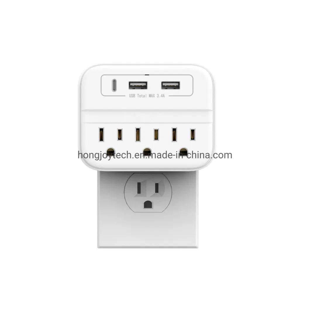 Amazon Hot Selling Electrical Switch Socket, Plug in Wall Tap Outlet Extender with CE RoHS FCC UL Testing Reports &amp; 5V 3.4A Tripple USB Ports and Phone Holder