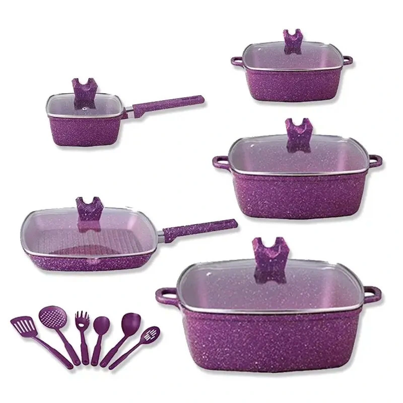 OEM 17PCS Die Cast Aluminum Square Pot Cookware Set with Granite Coating Deep Pan