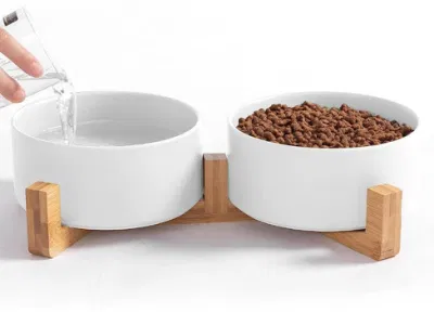 Cat Bowl Puppy Ceramic Food and Water Bowls with Wood Stand