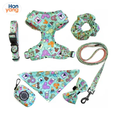 Hanyang Custom Logo Reflective Reversible Luxury Pet Dog Vest Collars Harness and Leash Set Dog Harness with Bow Tie Bandana