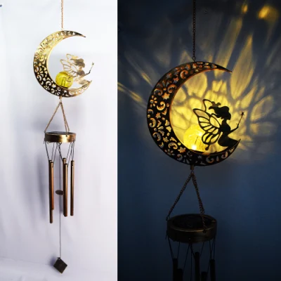  Outdoor Yard Holiday Decoration Wholesale Solar Powered Water Proof Moon Fairy LED Metal Glass Wind Chime Garden Decorative Lighting