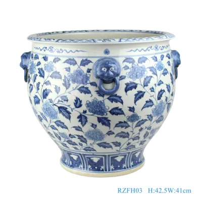 China Jingdezhen Blue and White Fishbowl Porcelain Planter with Lion Head Home Garden Ceramic Flower Pot Fish Pond