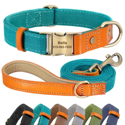 Nylon Custom Dog Puppy Collar Leash Set Personalized Genuine Leather Pet Nameplate ID Tag Accessories Collars Dog Leash