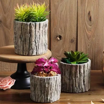  Retro Tree Wood Skin Cement Flower Pot Planter for Garden Decor