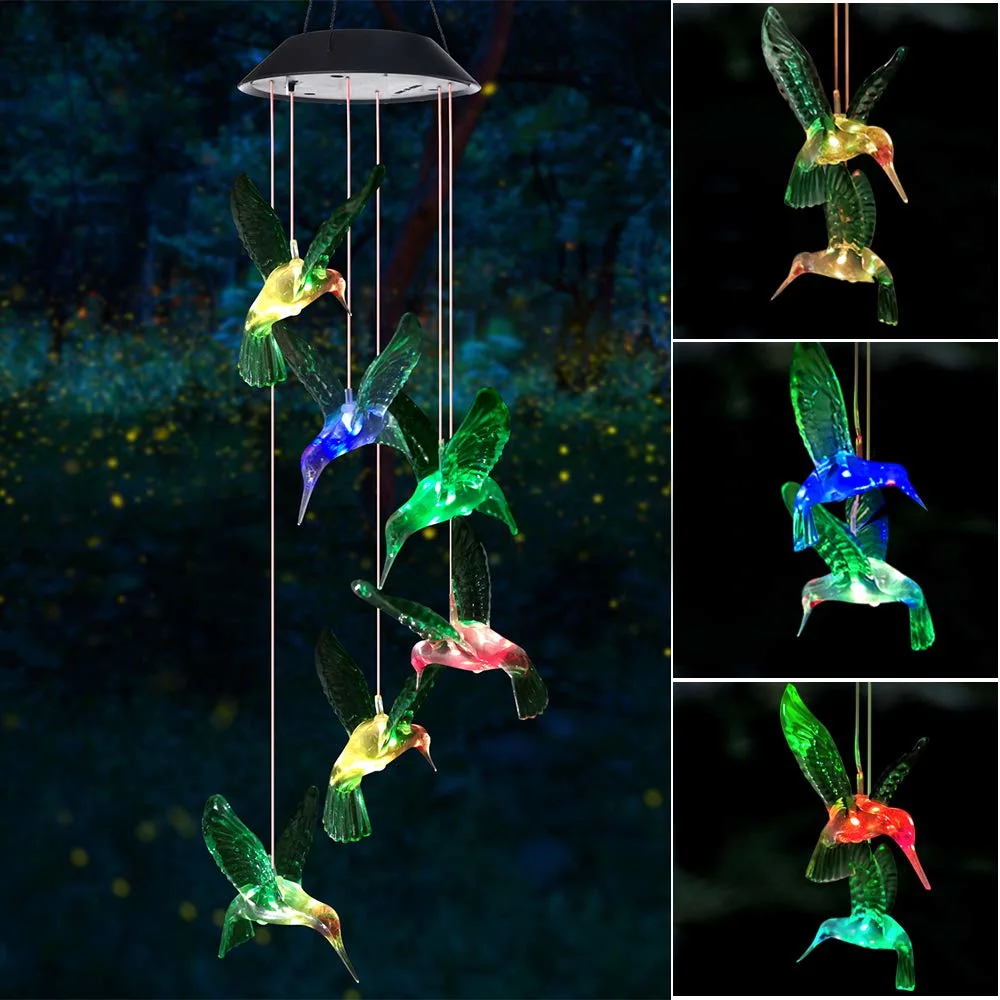 Solar Light Hummingbird Wind Chimes Outdoor Garden Ornaments