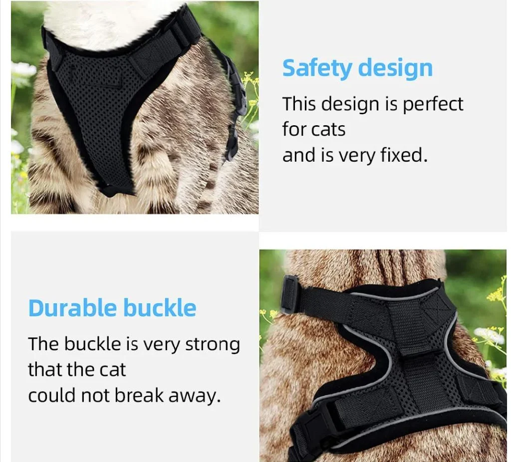 Custom Adjustable Cat Harness Set Breathe Freely Reflective Cat Vest and Leash