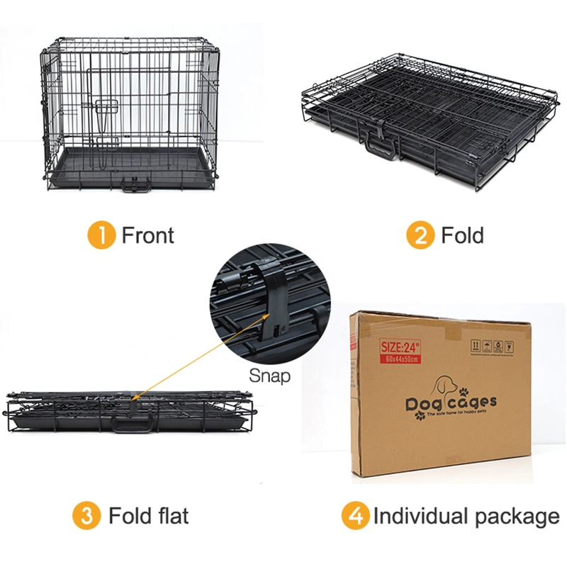 Portable Dog Cage Indoor Double Door Black Metal Strong Folding Steel Wires Crate for Large Animals Pet Dog Cage