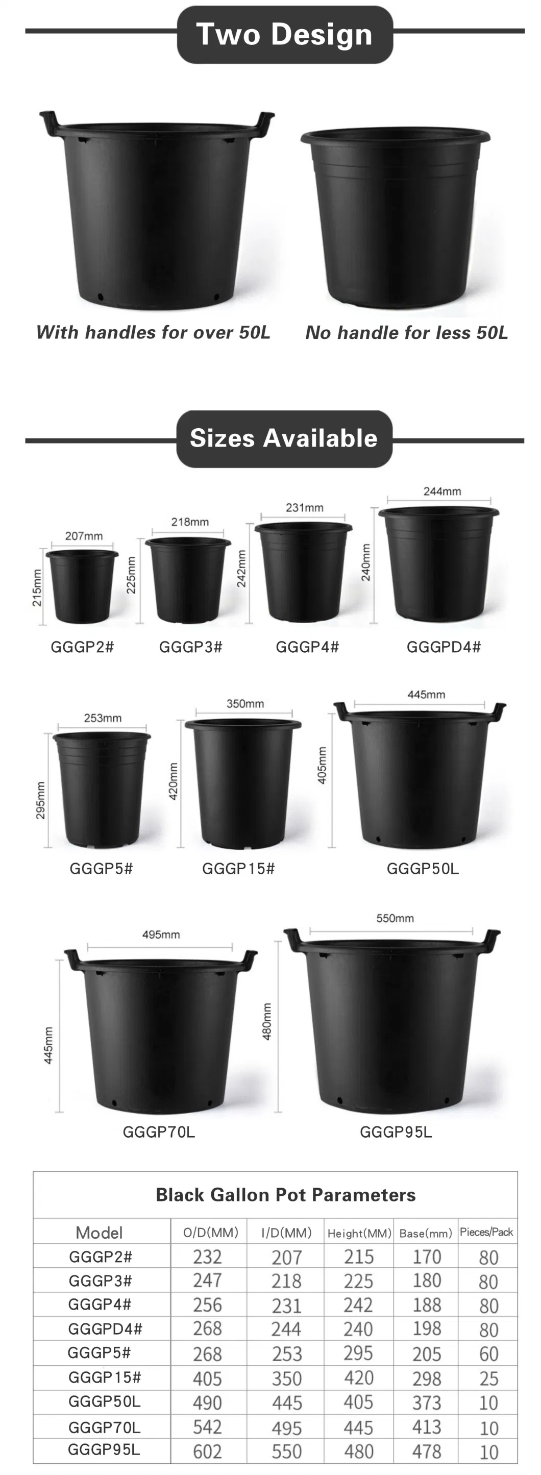 Black Thickened Plastic Injection Heavy Duty Sturdy Planter Flower Tree Grow Pot Outdoor From 2 to 50 Gallon for Plant Nursery Wholesale