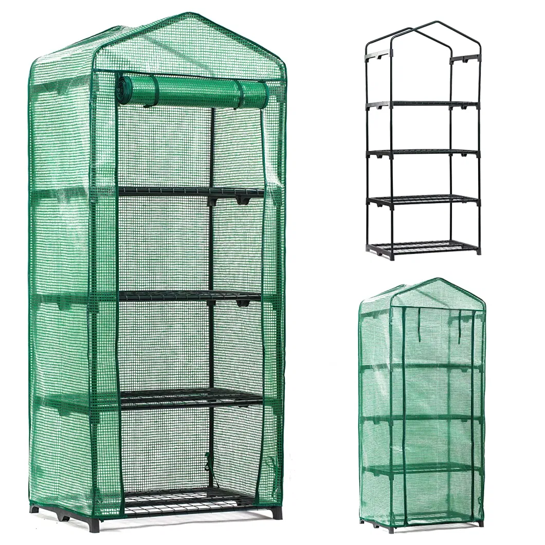 4 Tier Transparent Walk in Garden PVC Greenhouse with Metal Frame Shelves