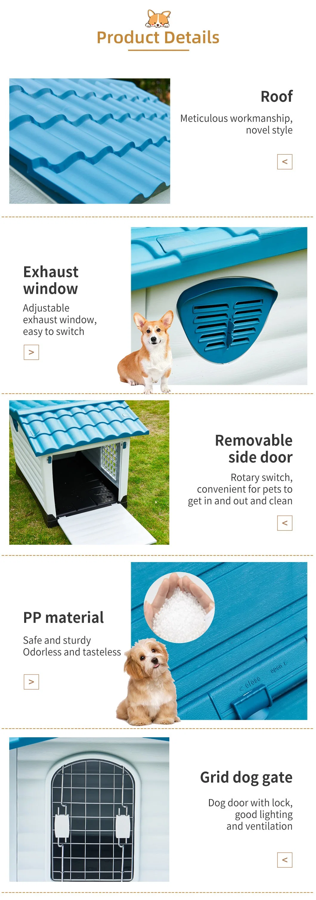 Big Cheap Outside Plastic Dog Kennel House Roof Skylight Window Heated Double Door Outdoor Pet Cage Dog Kennel Buildings House for Sale