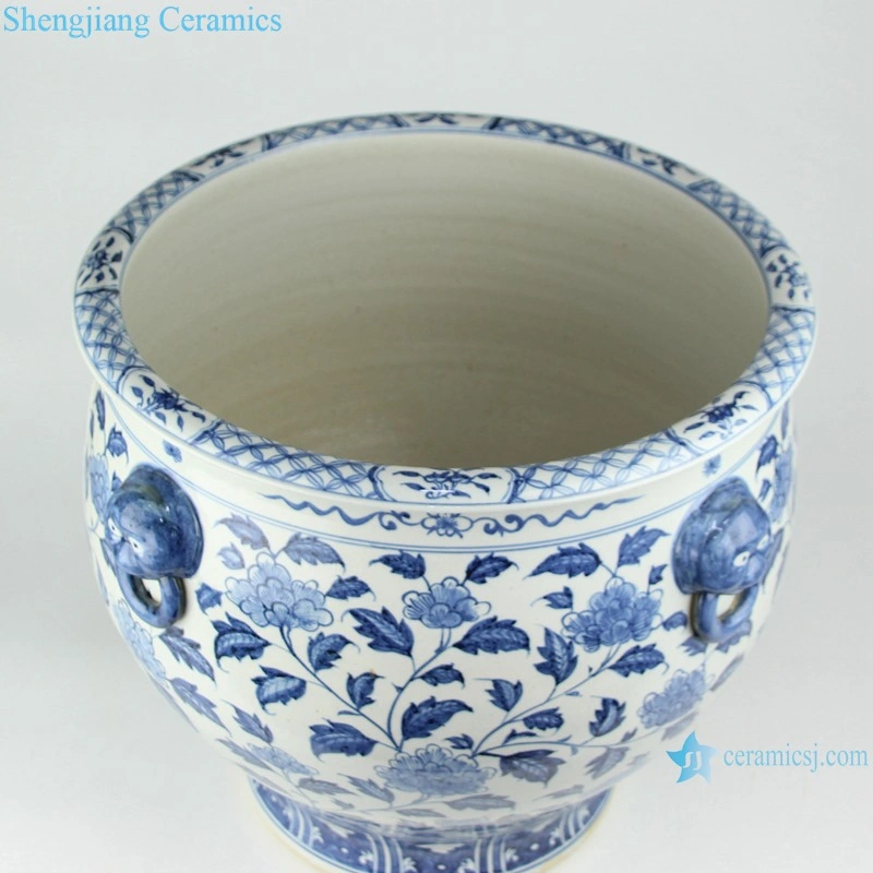 China Jingdezhen Blue and White Fishbowl Porcelain Planter with Lion Head Home Garden Ceramic Flower Pot Fish Pond