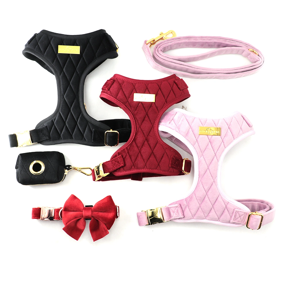 New Design Customized Soft Velvet Dog Harness Matching with Dog Collar Leash Poop Bag Dispensers