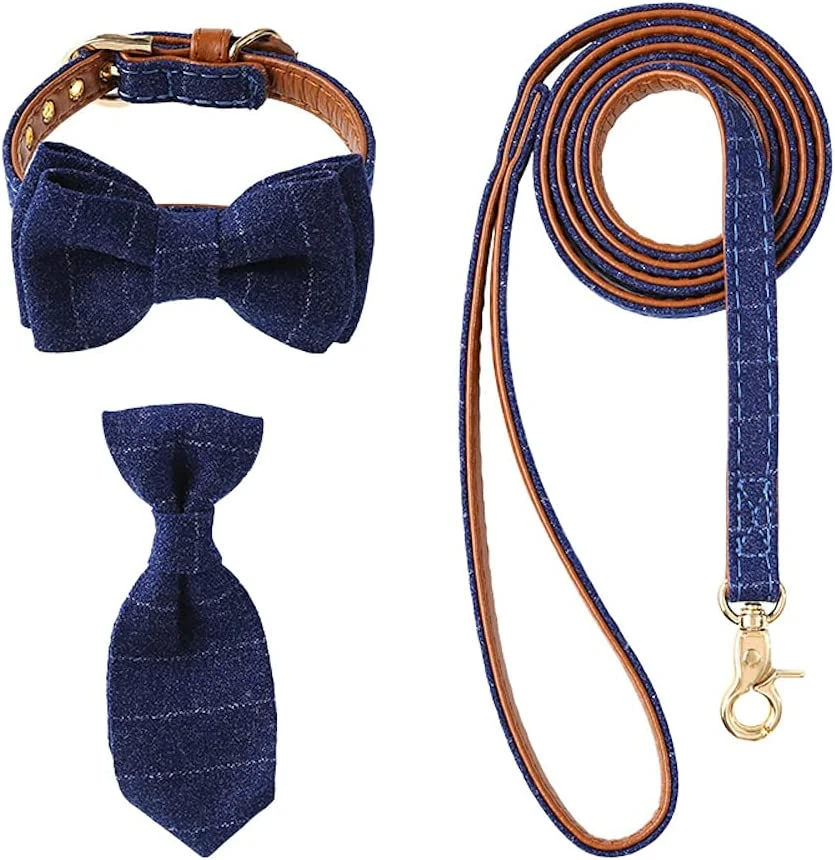 Double Padded Soft Wholesale Dog Leash with Collar Bow Tie and Tie Set for Doggy Detachable Party Accessories for Puppy Outside
