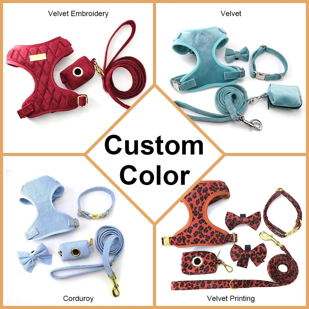 New Design Customized Soft Velvet Dog Harness Matching with Dog Collar Leash Poop Bag Dispensers