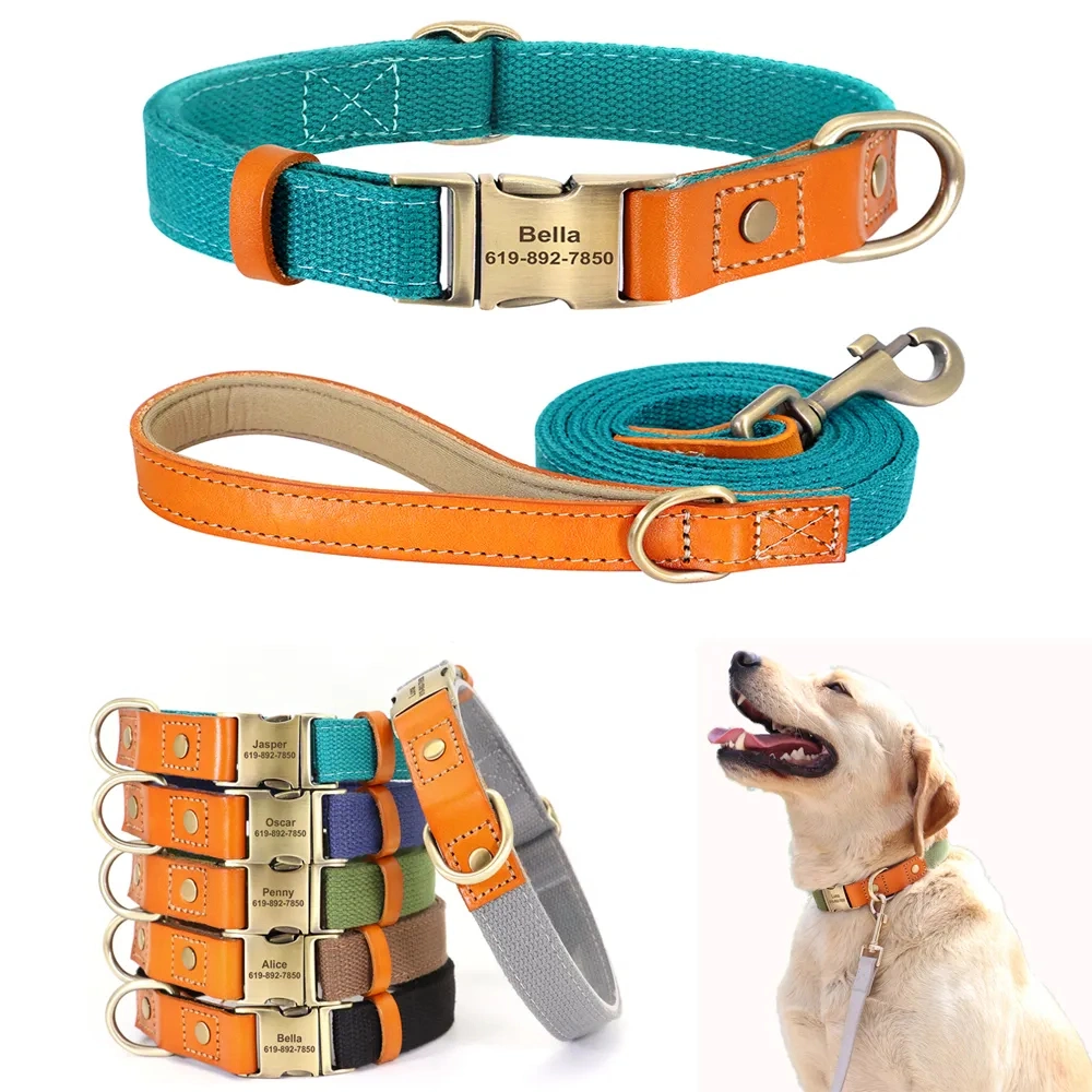 Nylon Custom Dog Puppy Collar Leash Set Personalized Genuine Leather Pet Nameplate ID Tag Accessories Collars Dog Leash