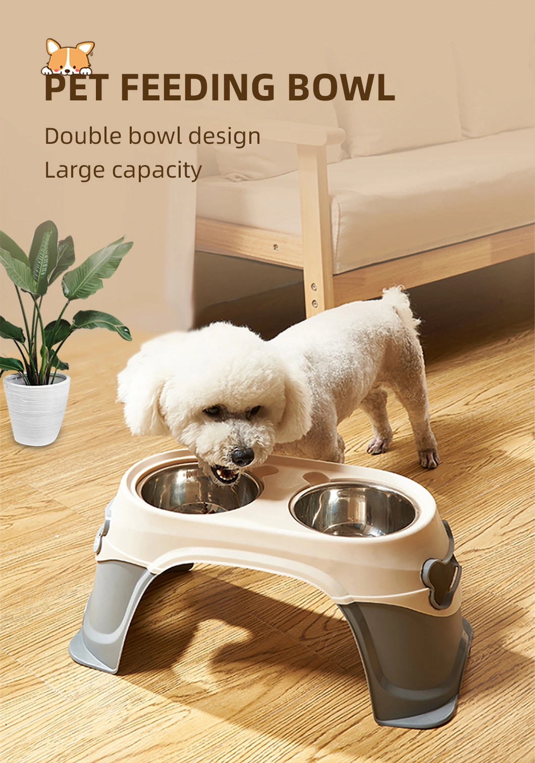 Candy Clolor Spill-Proof Stainless Steel Pets Dog Cat Double Bowls for Food and Water