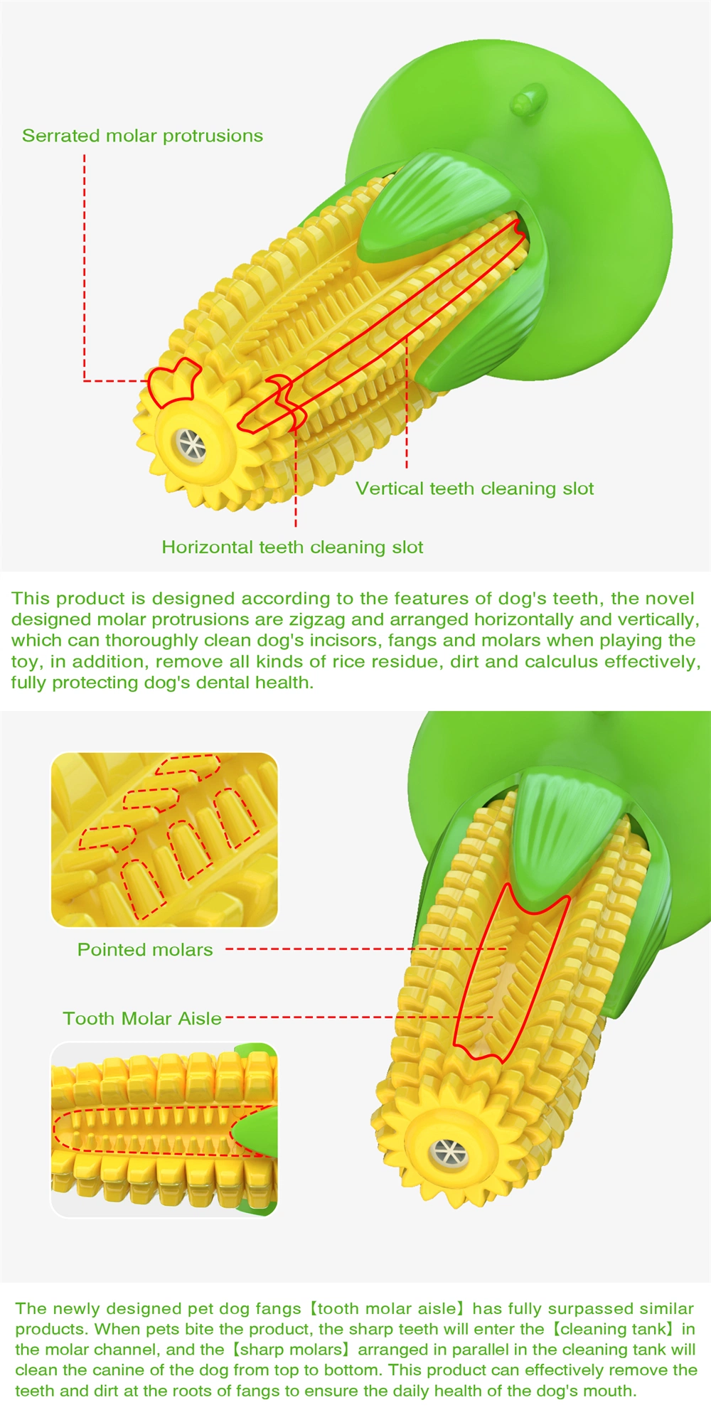 Indestructible Tough Durable Squeaky Interactive Dog Toys Puppy Teeth Chew Corn Stick Toy for Small Meduium Large Breed with Suction Cup