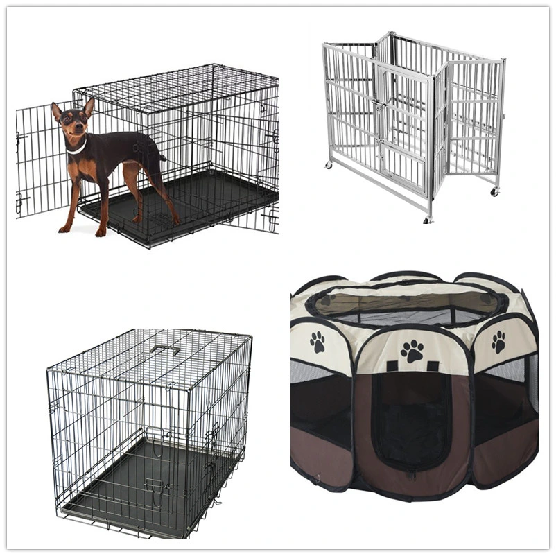 Portable Dog Cage Indoor Double Door Black Metal Strong Folding Steel Wires Crate for Large Animals Pet Dog Cage