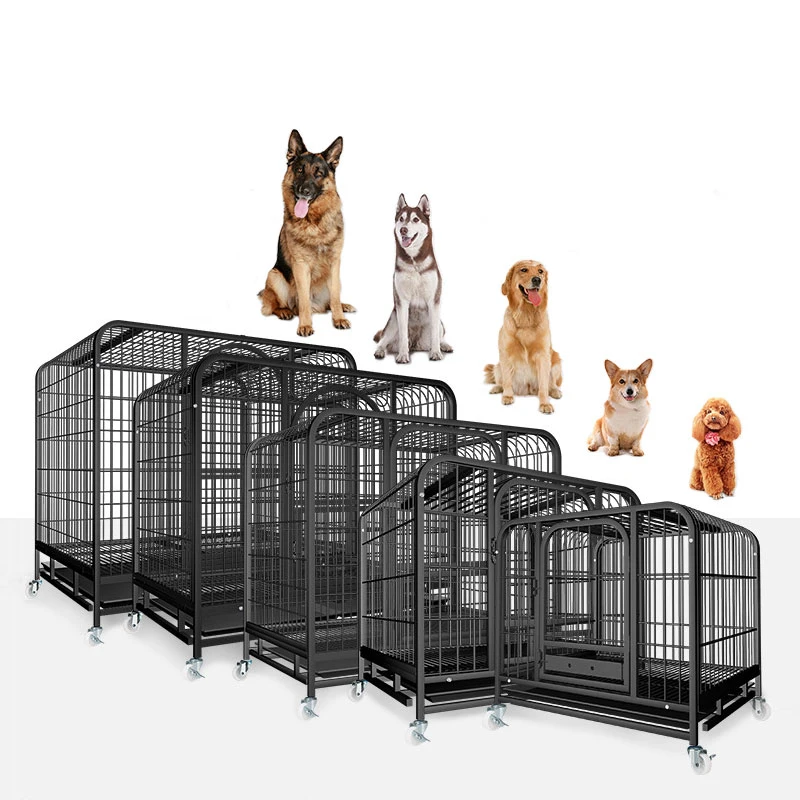 Portable Dog Cage Indoor Double Door Black Metal Strong Folding Steel Wires Crate for Large Animals Pet Dog Cage